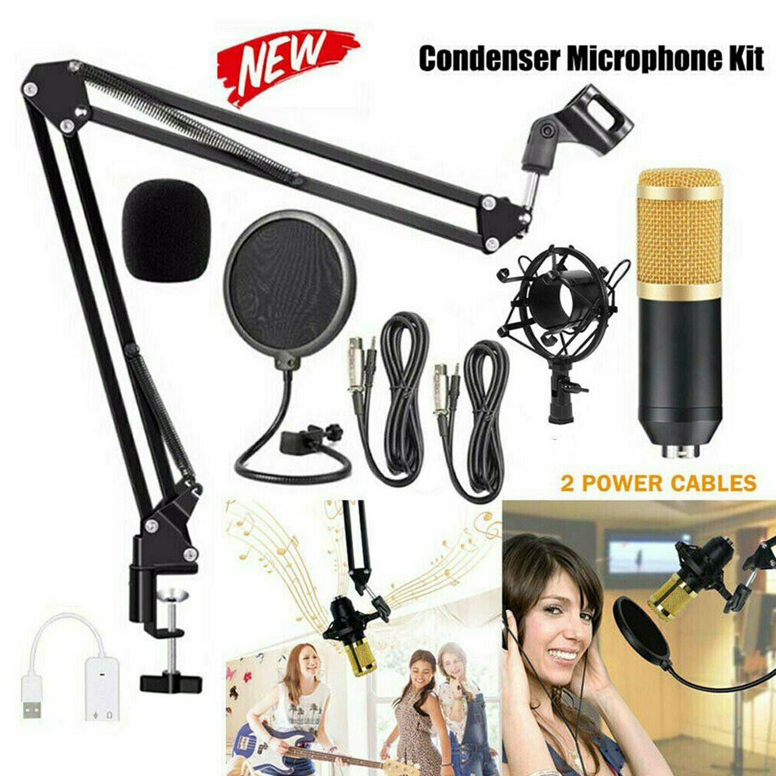 Professional Condenser Microphone Kit Cardioid Mic USB Cable for Podcasting