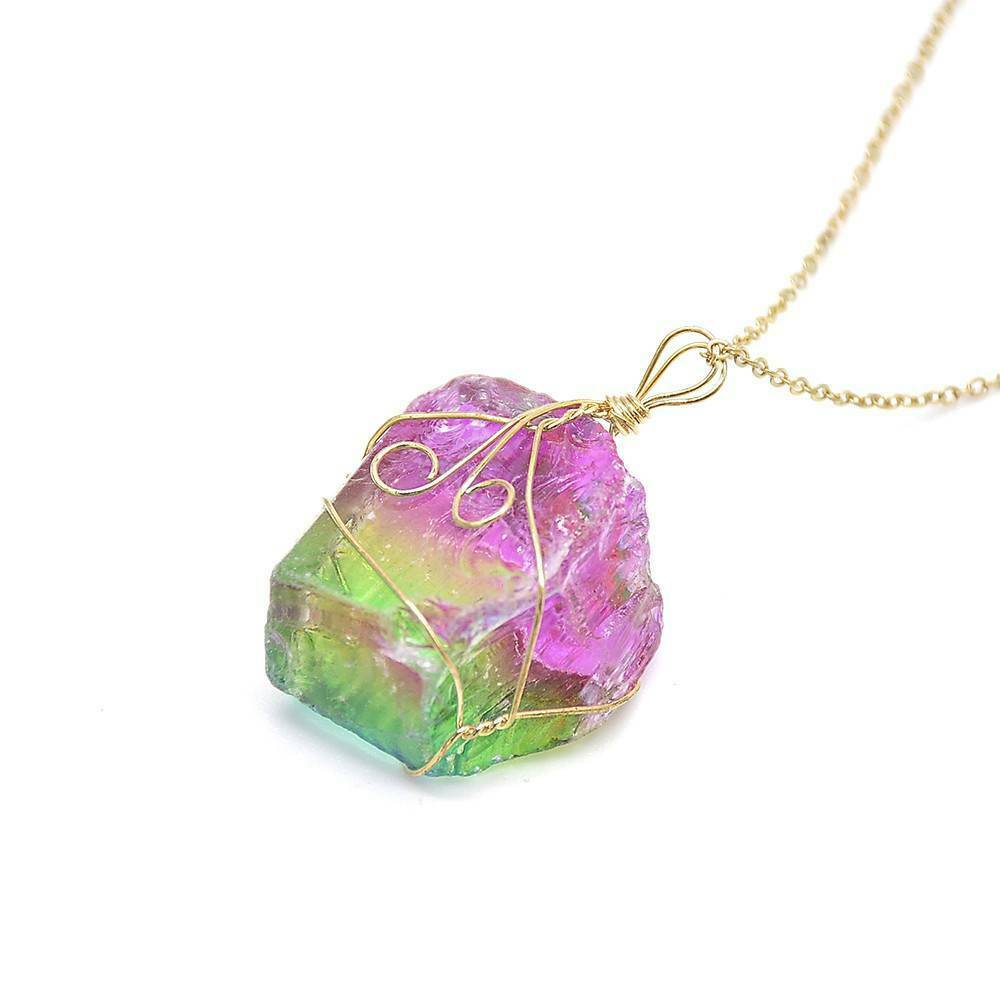 Rainbow Stone Natural Crystal Chakra Rock Chain Quartz Pendant Necklace Jewelry^