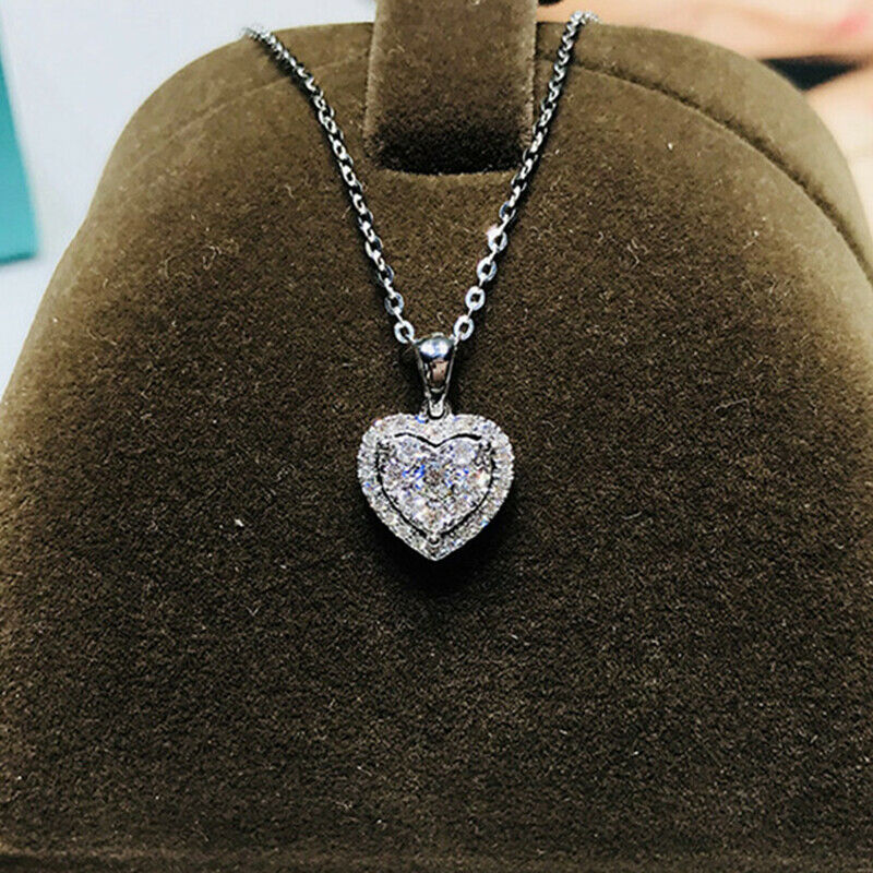 Ladies White Diamond Heart Pendant Necklace Fashion Women Jewellery Love Gift HN