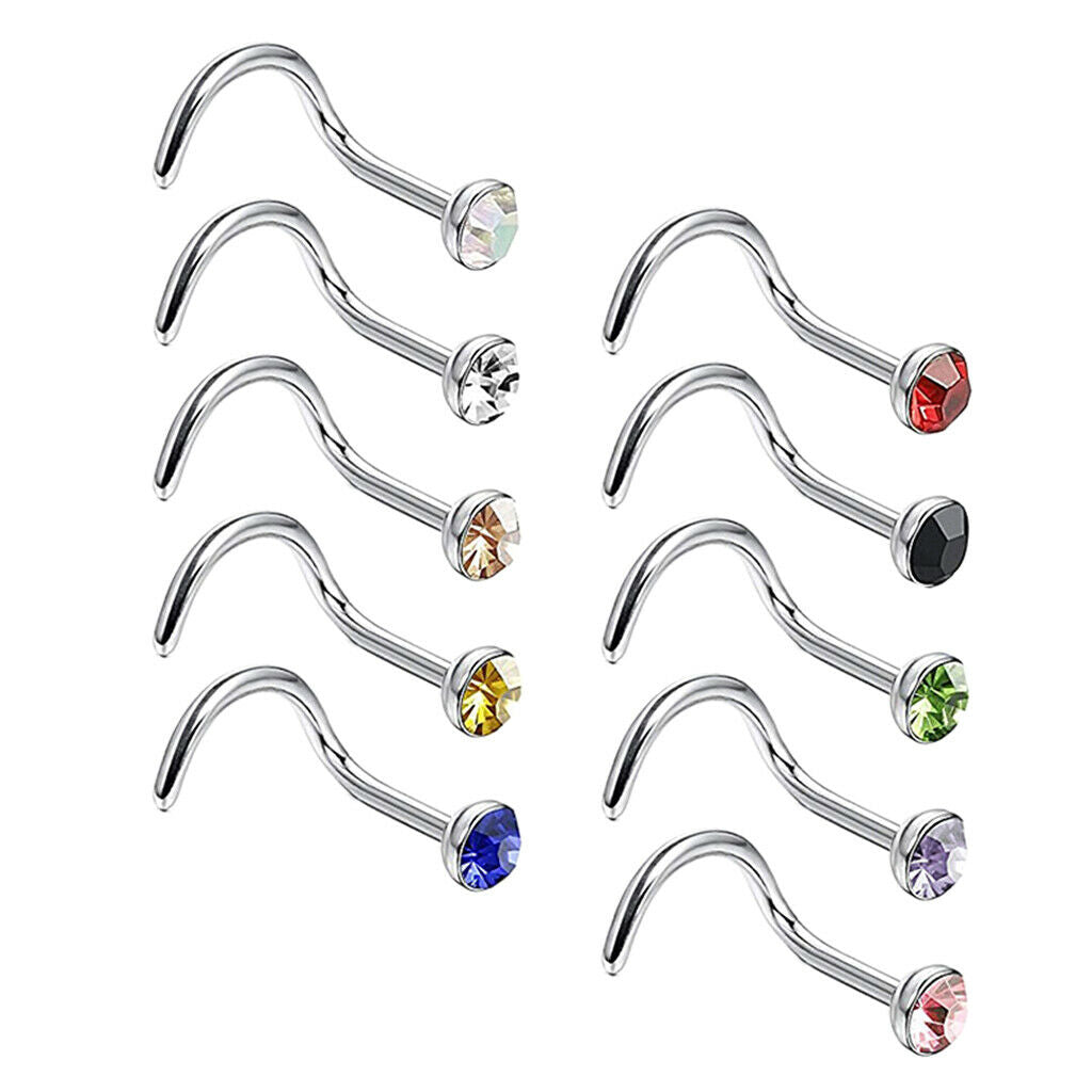 10pcs Rhinestone Stainless Steel Screw Shape Nose Studs Rings 20g 20g-3mm