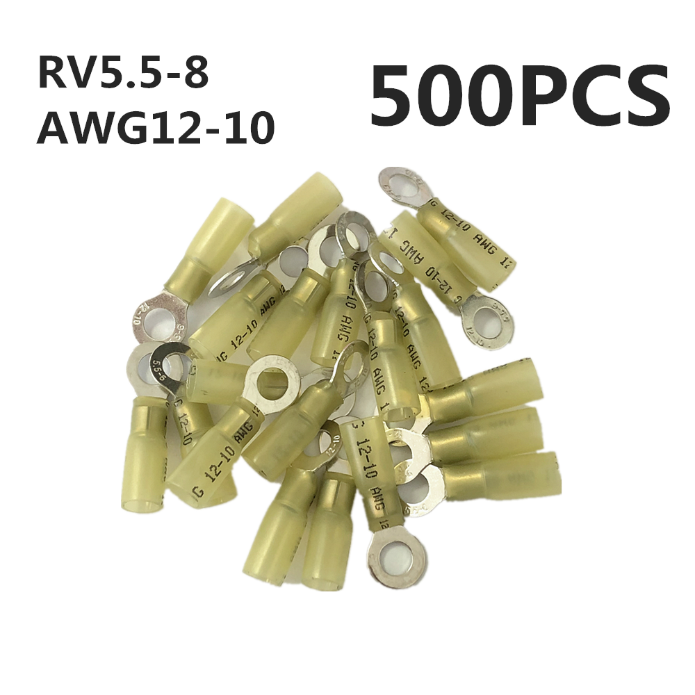 500x Yellow AWG12-10RV5.5-8 Ring Heat shrink Electrical connector crimp terminal