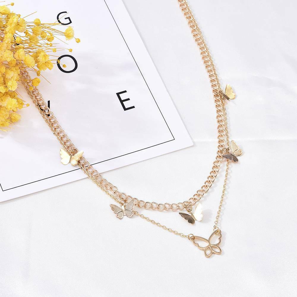 Double Layer Butterfly Pendant Necklace Clavicle Chain Choker Women Jewelry Gift