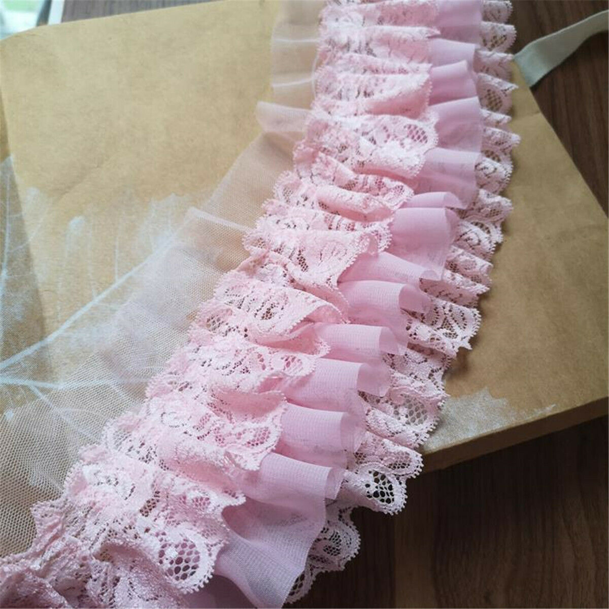 100CM Pink Chiffon Ruffle Lace Trim 3Layer Pleated Ribbon DIY Dress Sewing Decor