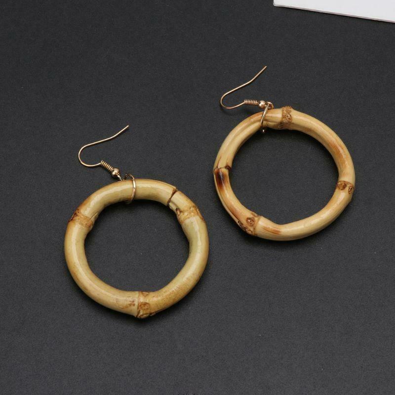 Handmade Natural Bamboo Wood Round Circle Dangle Hoop Earrings Fashion Jewelry