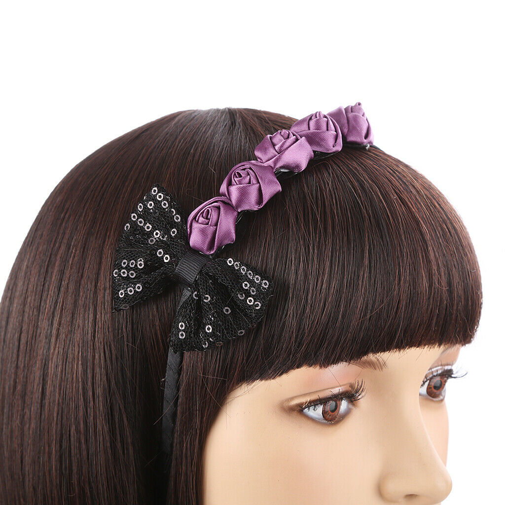 Romantic Gothic Purple Rose Flower Hair Hoop Black Lace Bowknot Headband