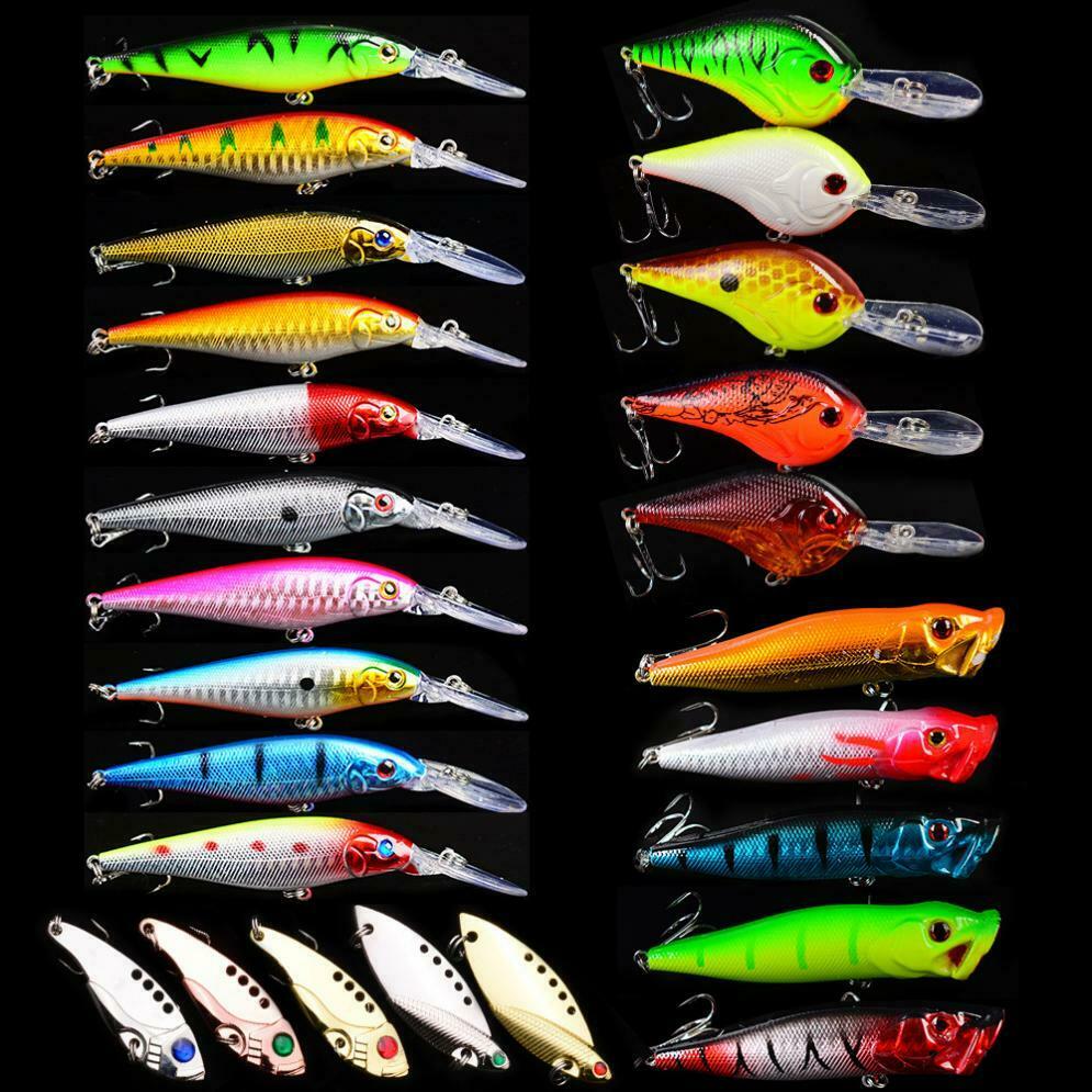25pcs/lot Hard Crank Bait Fishing Lure Kit Minnow Popper Crankbait VIB 4 Models
