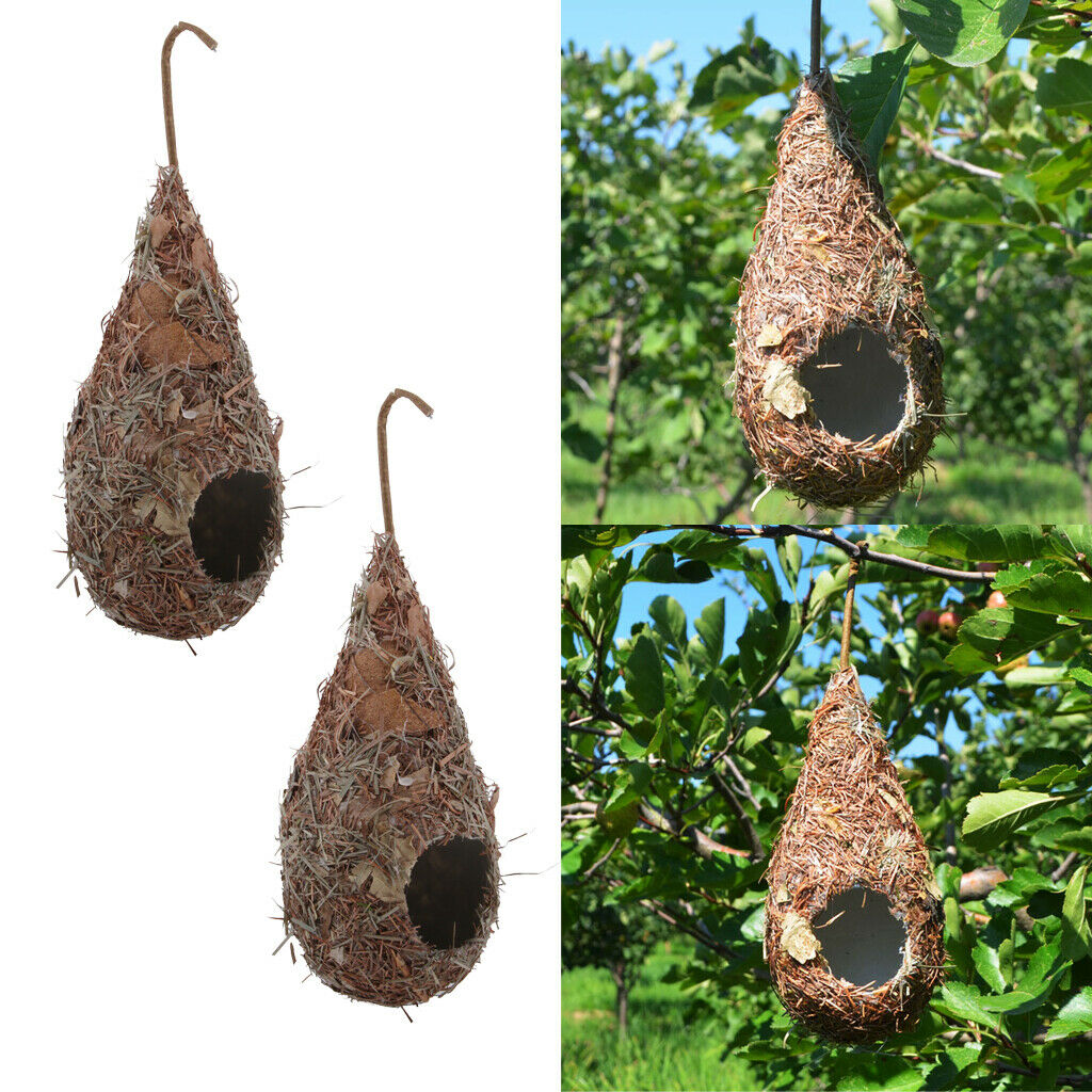 2 Pieces Handmade Woven Straw Bird Nest Cage Birdhouse Bed House for Parrot