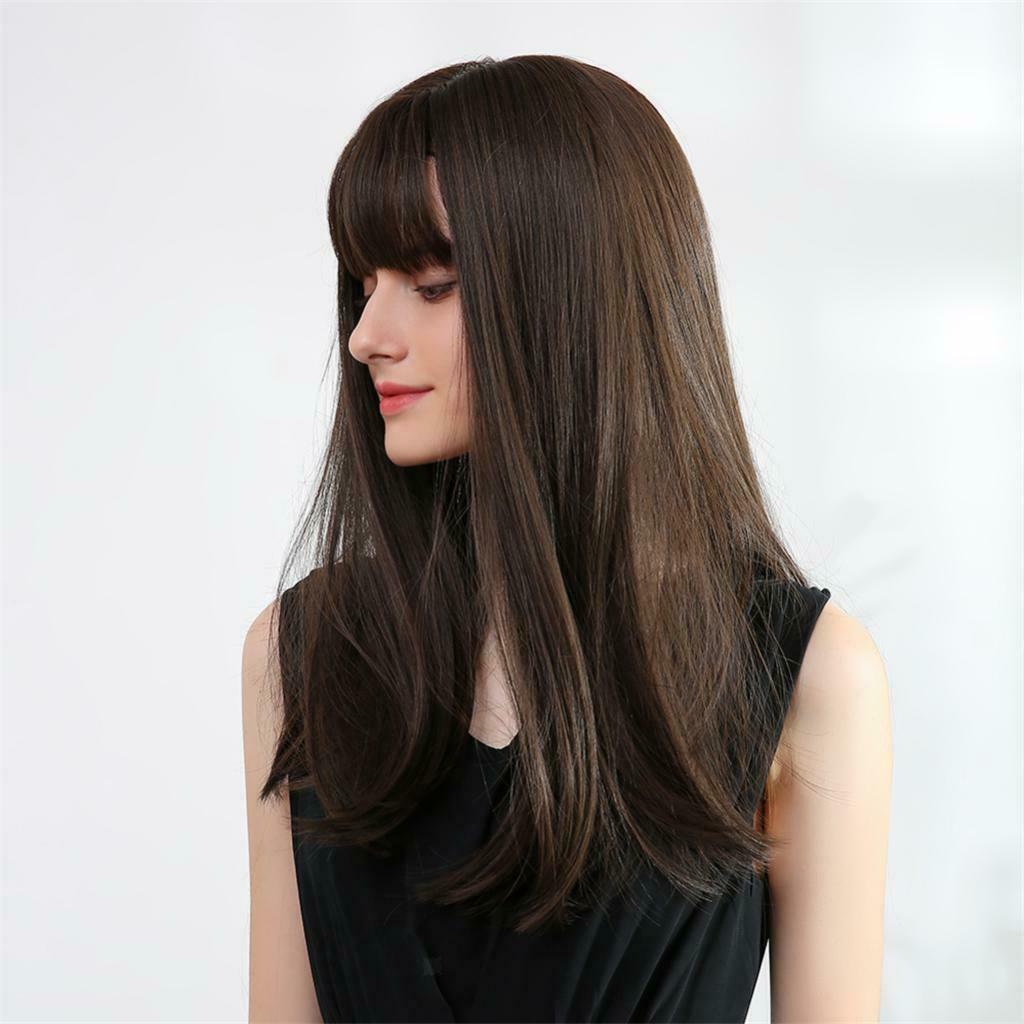20inches Lady Heat Resist Wigs With Bangs Costume Daily Party Wig Dark Brown