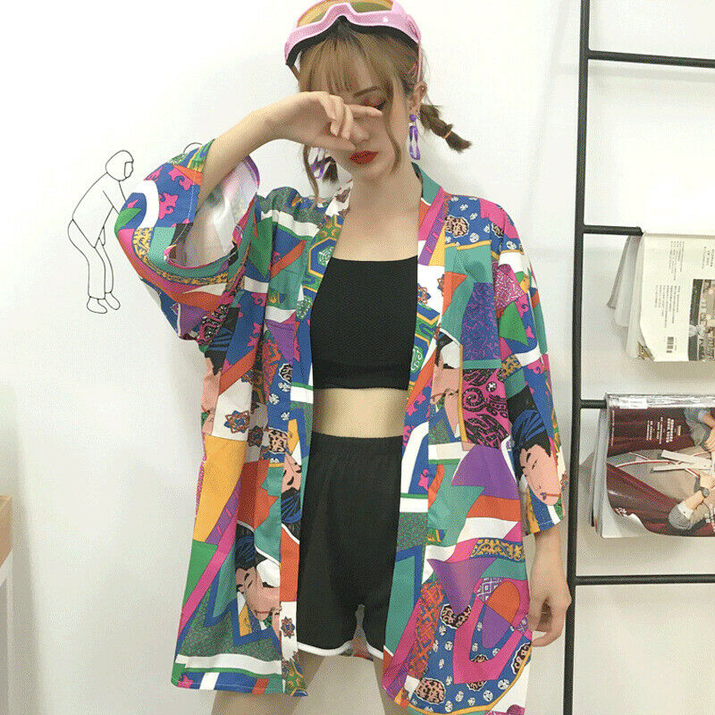 Japanese Women Kimono Jacket Coat Cardigan Outwear Top Retro Haori Harajuku