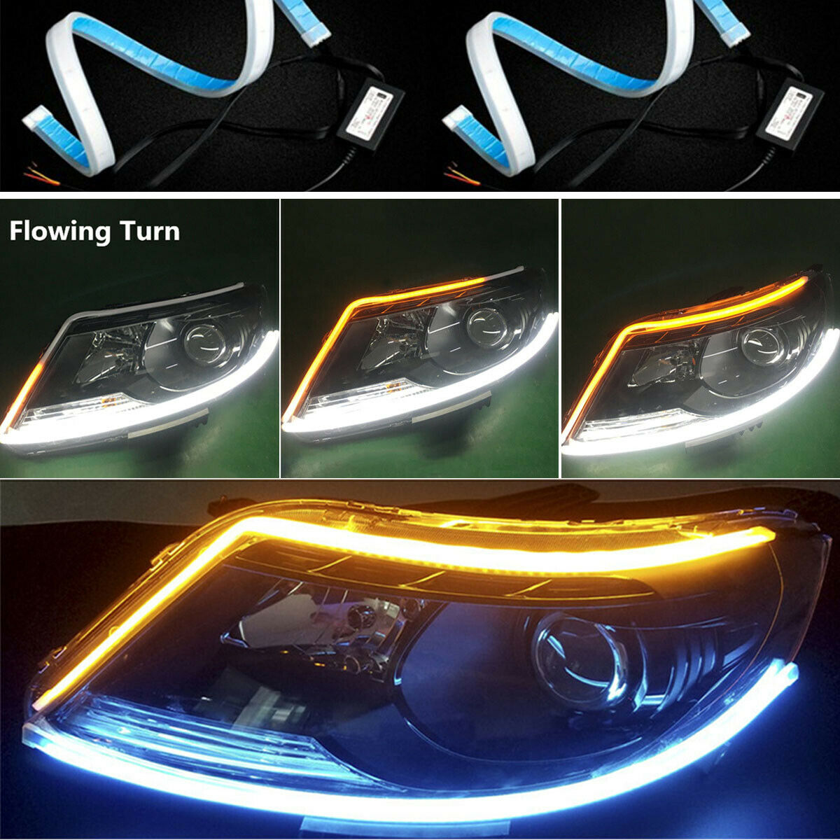 2X LED White Car DRL Running Lamp Strip Light Yellow Flowing Turn Signal Light