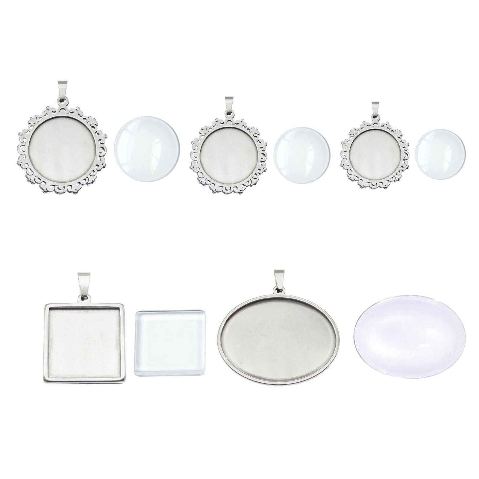 5 Mix Stainless Steel Bezel Frames with Glass Cabochons Photo Art Pendant DIY