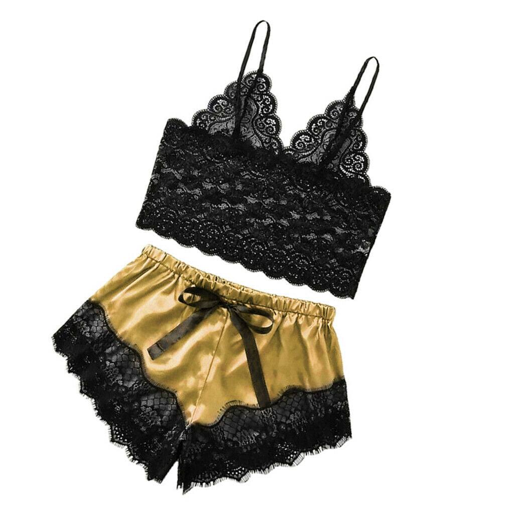Women's Pajama Short Nightwear Lace Bralette Top & Shorts Homewear Golden XL
