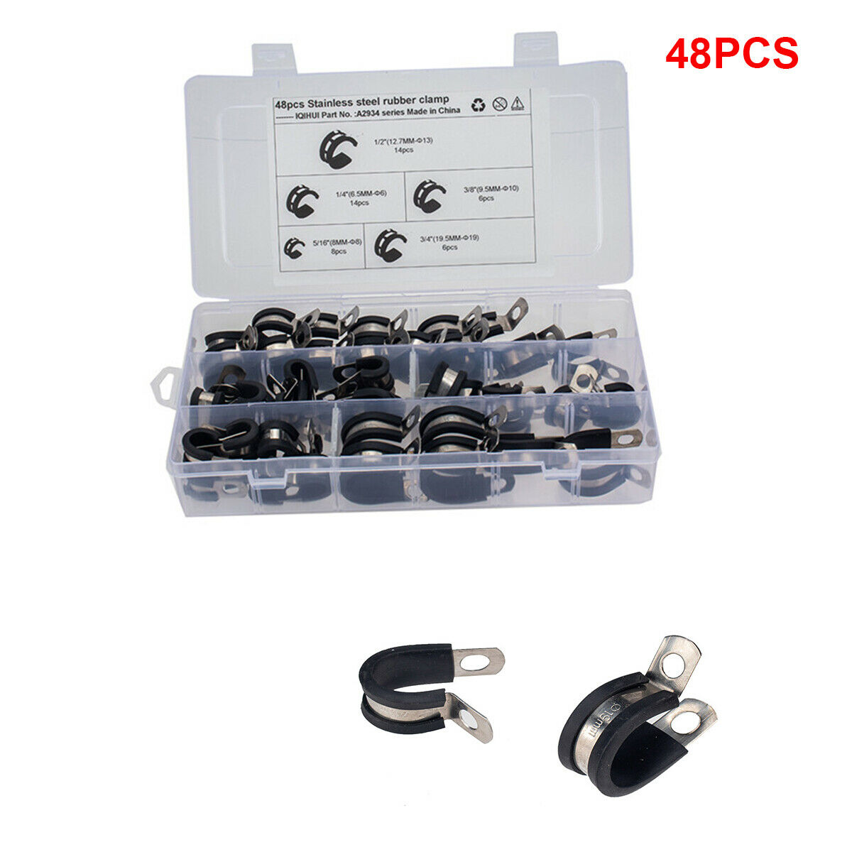 48PCS Universal1/4" 3/4" 3/8" Stainless Steel Cable Clamp Hose Rubber Gasket