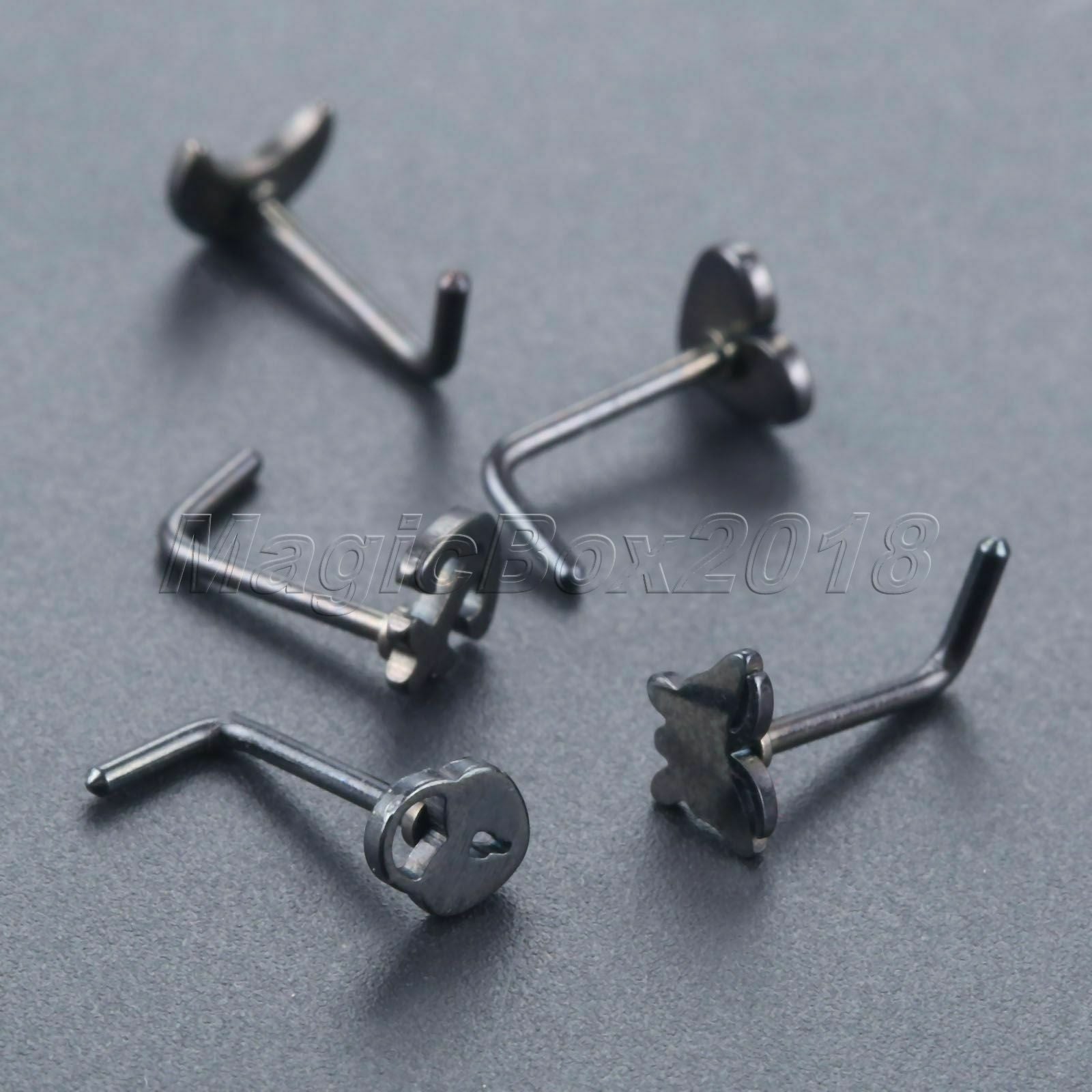 Stainless Steel L-Shape Nose Screw Nail Piercing Anchor Moon Star Heart Black