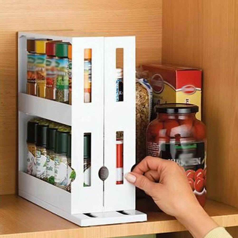 2 Tier White Spice Rack Pull Out Kitchen Storage Rack Seasoning Jars Organizer