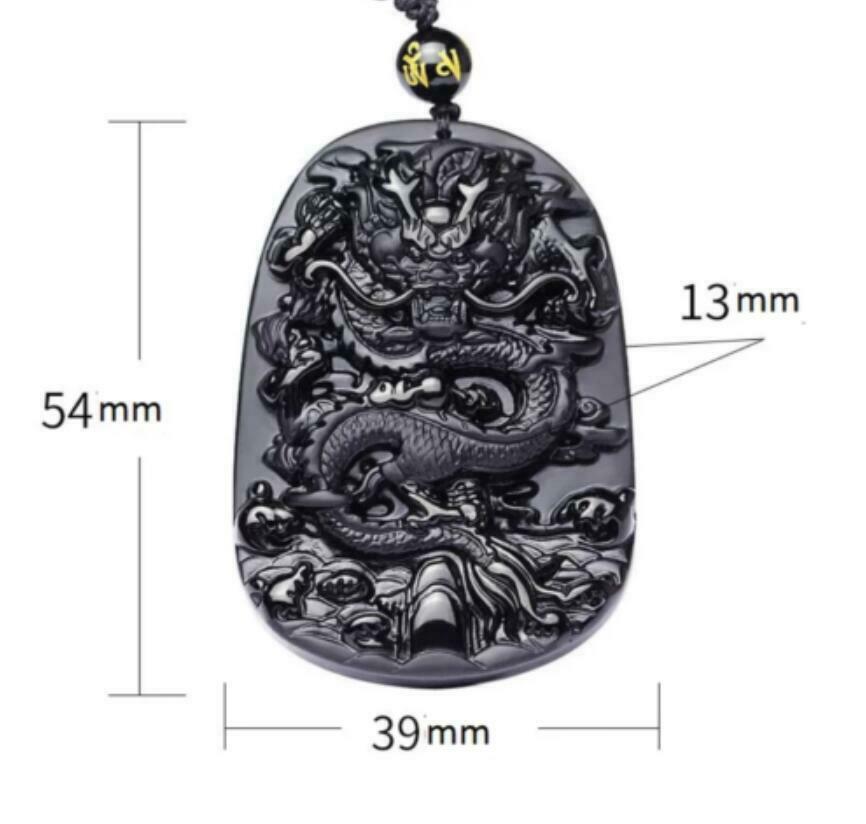 Natural Energy Stone Black Obsidian Chinese Dragon Lucky Amulet Necklace Pendant