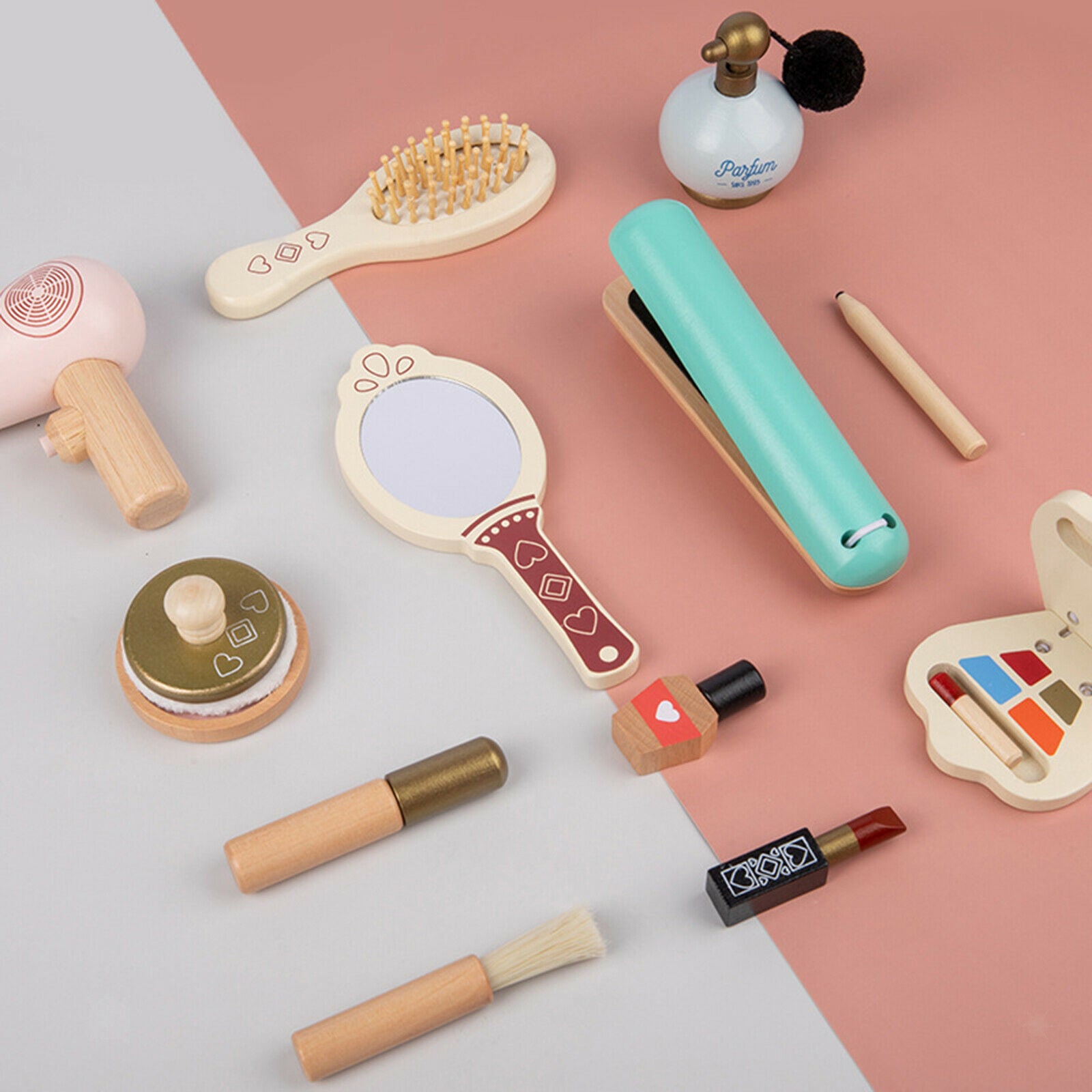 12pcs Wooden Kids Makeup Kit Role Play Curling Iron Brush Perfume Gifts