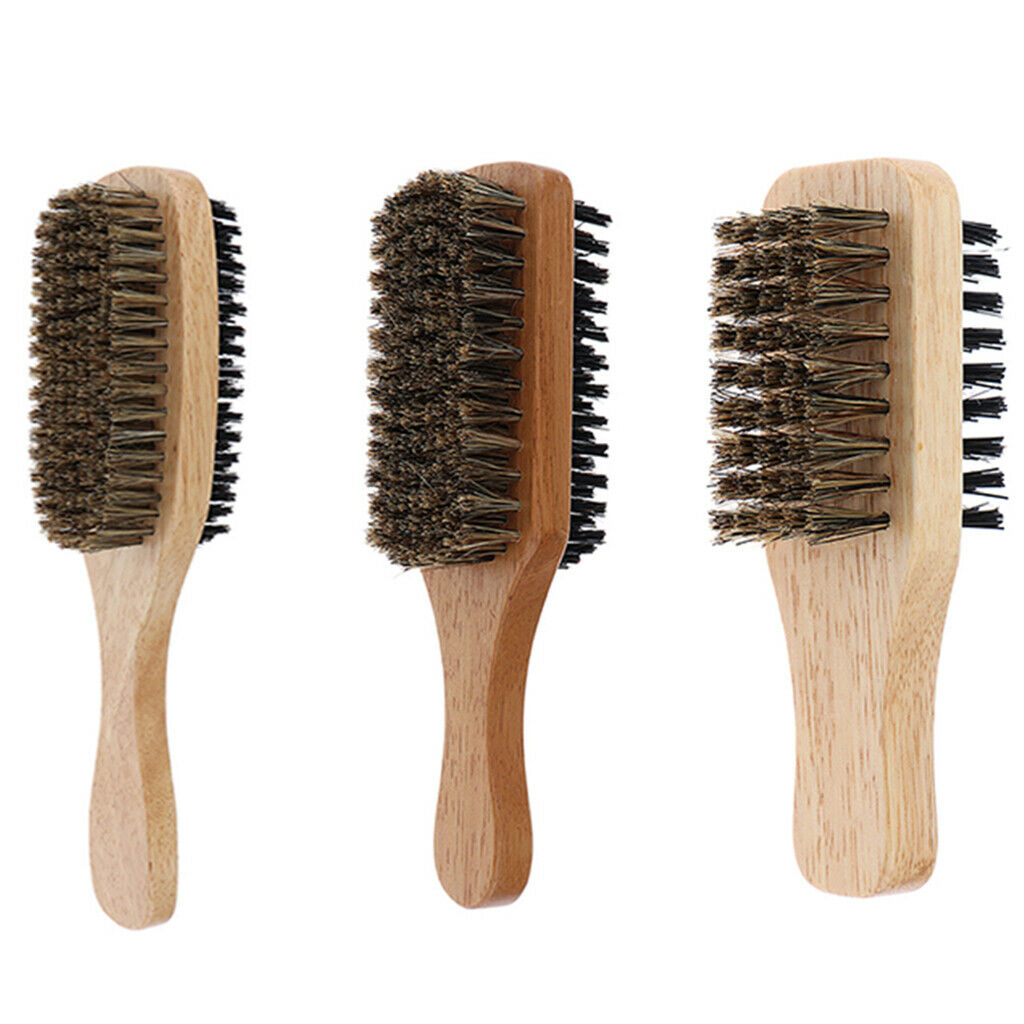 3Pcs Men 2-side Wave Hair Bristle Beard Mustache Brush w/ Wood Handle X+M+L