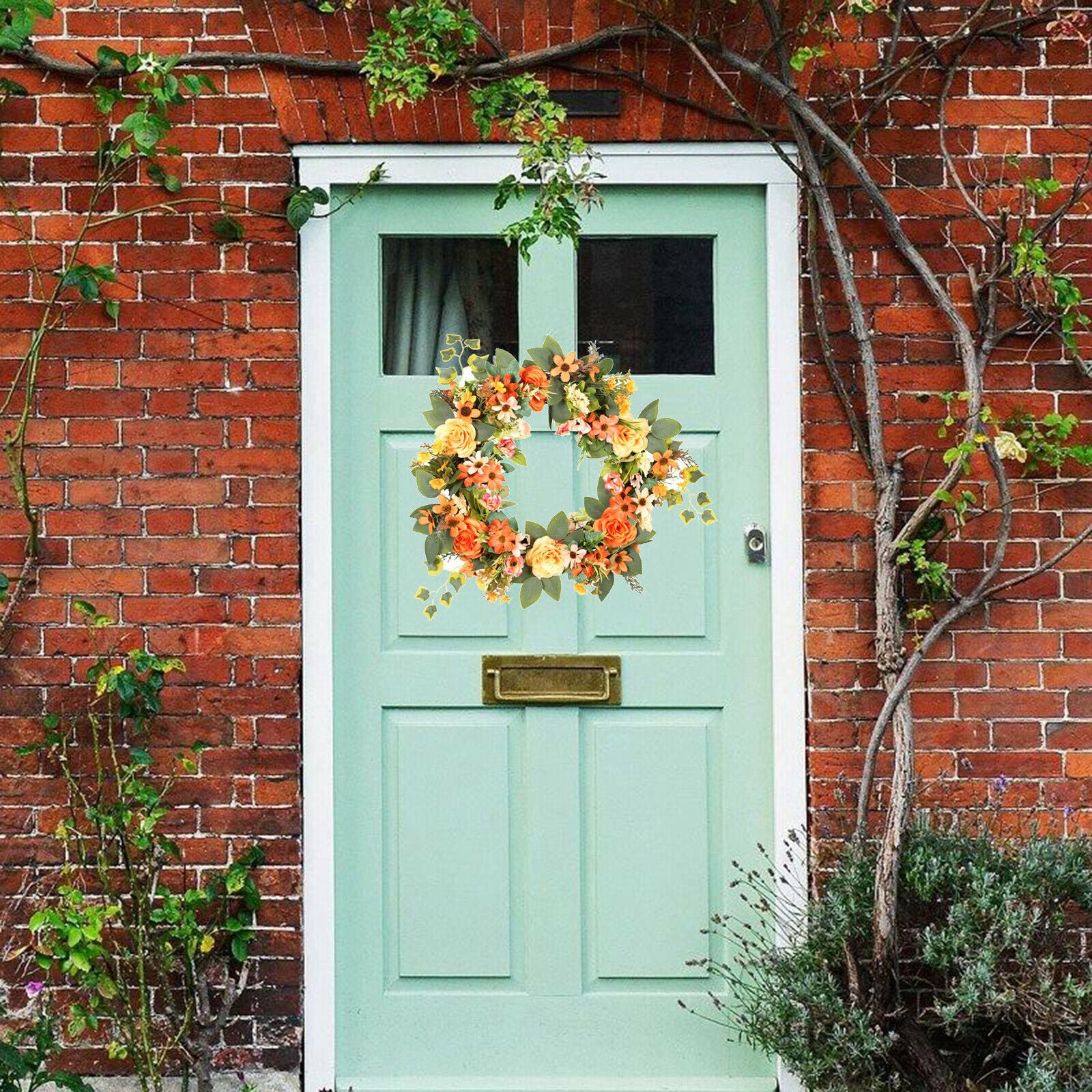 Round Front Door Wreath Floral Peony Daisy Garland Plastic Leaves Decoration