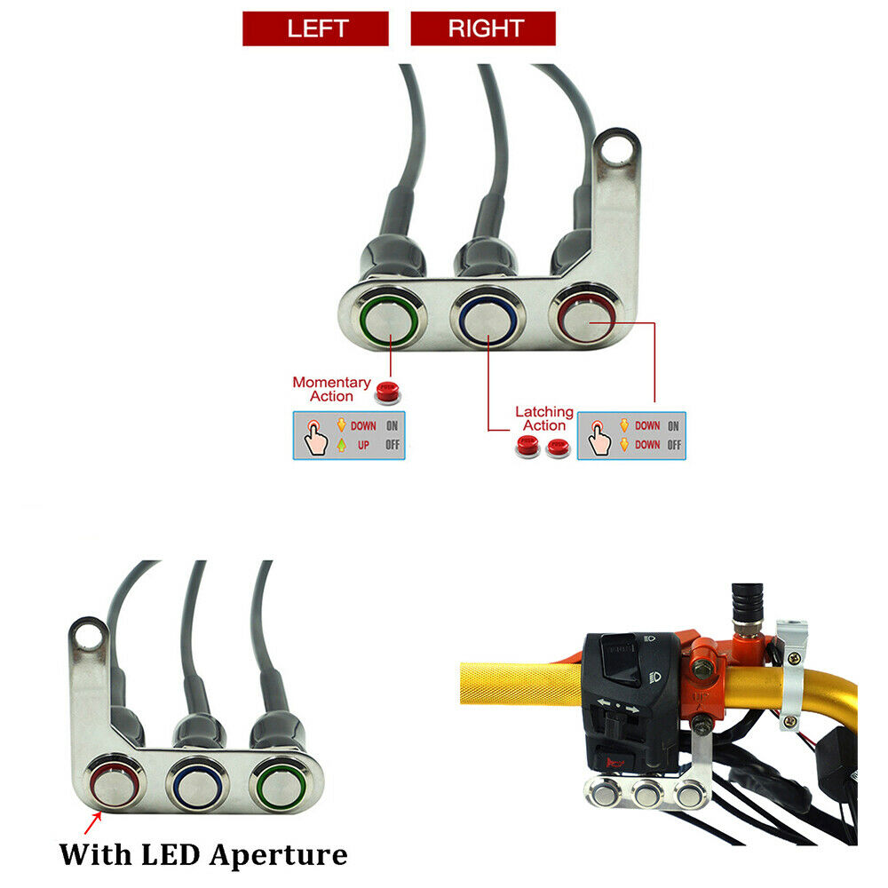 2PCS Left+Right Motorcycle Switch ON-OFF Waterproof 2 Kinds LED Aperture Wiring