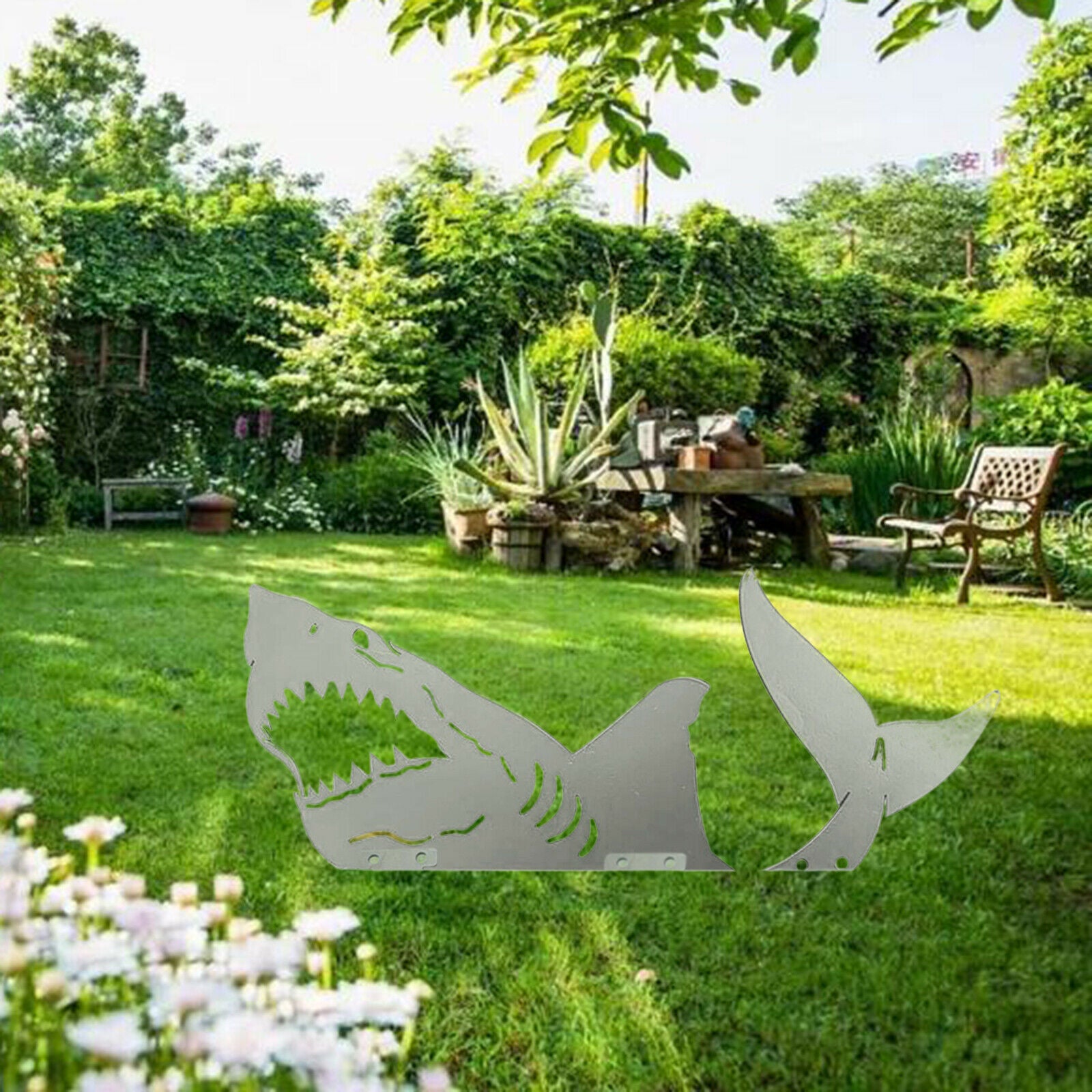 Wrought Iron Shark Statue Backyard Animal Garden Stake Sign Home Decor Gift