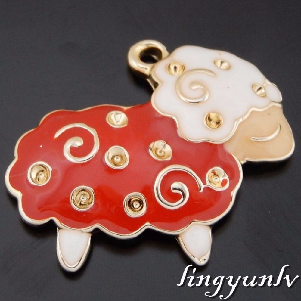 8 pcs Enamel Plated Cute Sheep Charms Necklace Pendant Craft Findings 50619