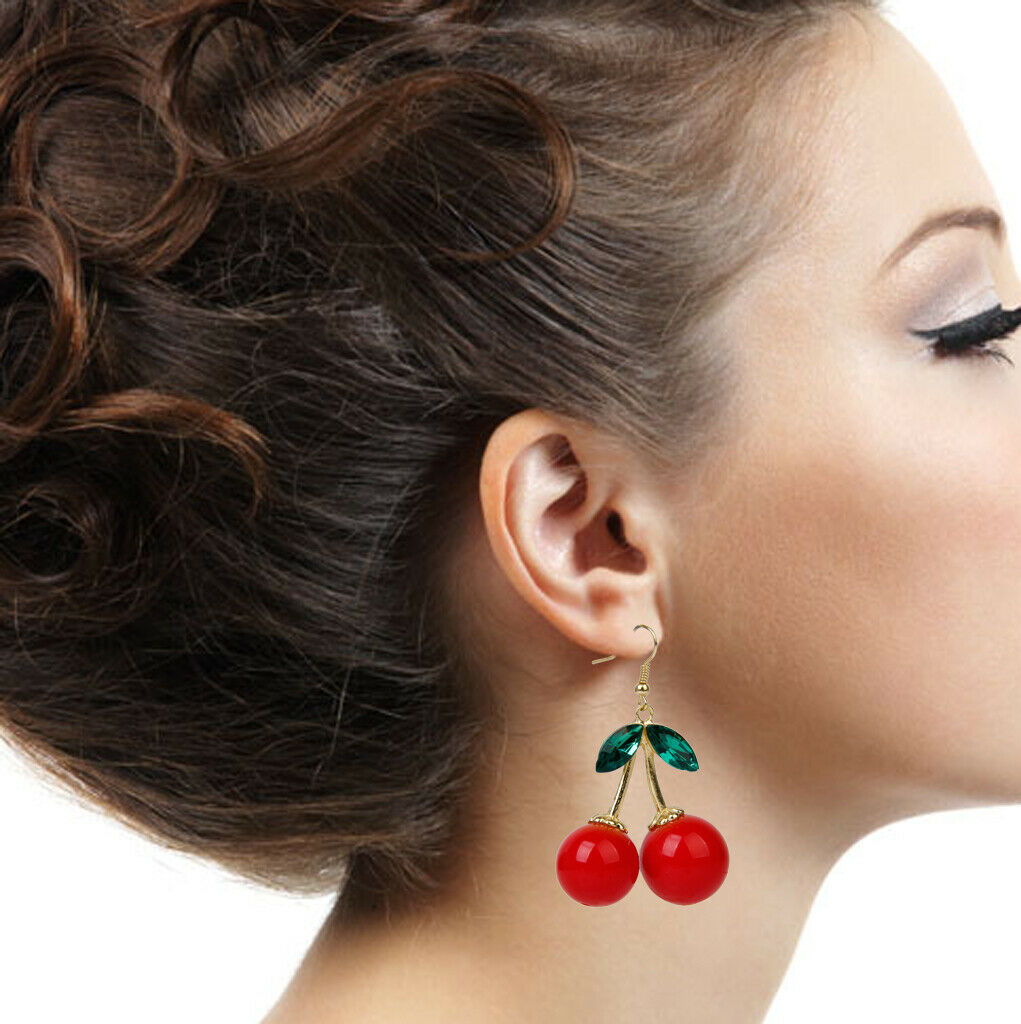 Rockabilly Red Cherry Diamante Crystal Drop Dangle