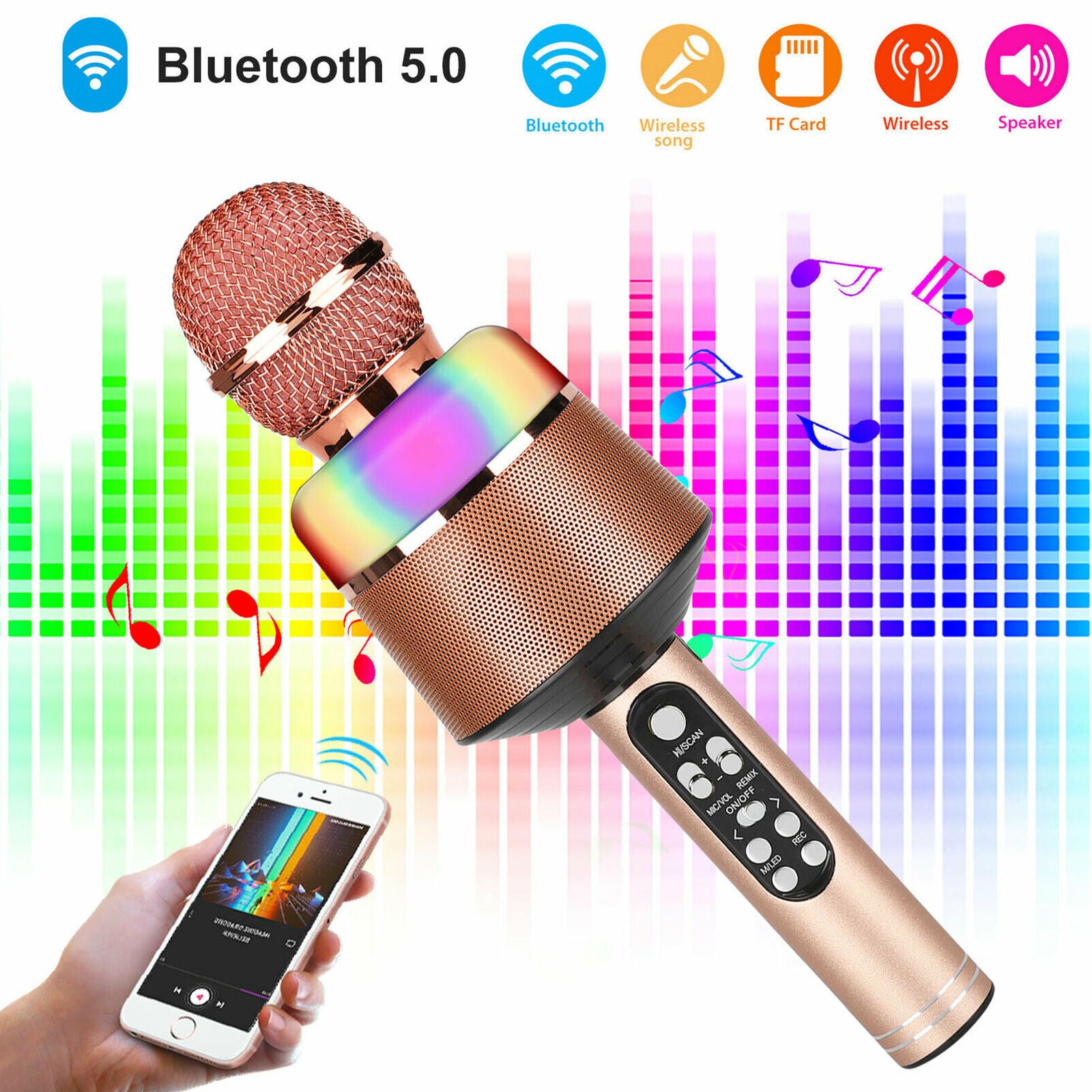 Wireless Handheld Bluetooth LED Microphone Karaoke Home KTV Mic Speaker Recorder