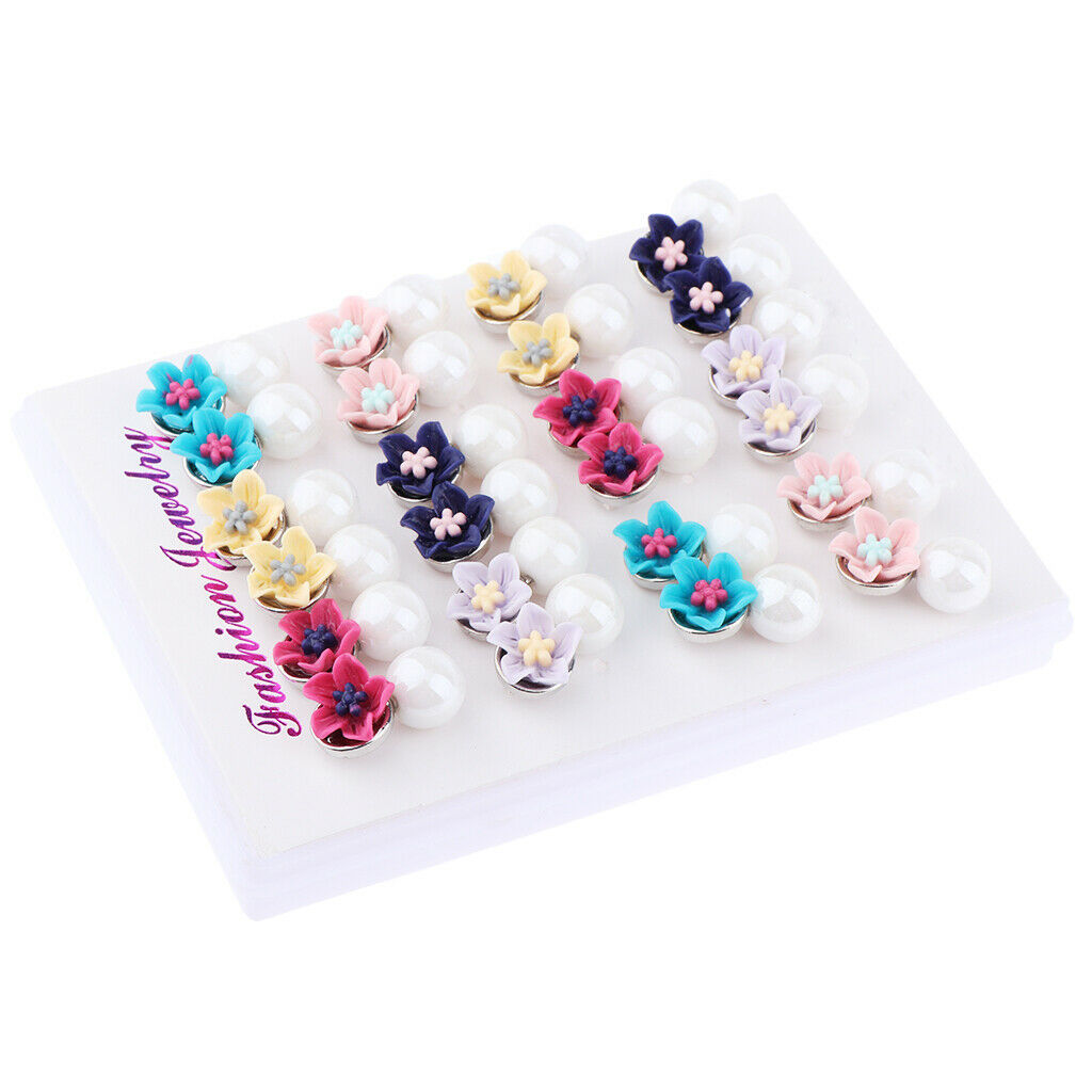 12 Pair Fashion Faux Pearls Flower Stud Earrings Ear Studs for Women Jewelry