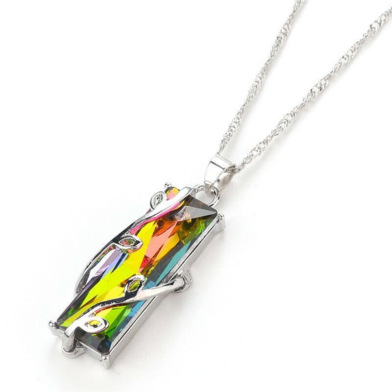 Rainbow Crystal Rhinestone Charm Pendant Long Chain Necklace Bridal Jewelry  Gy
