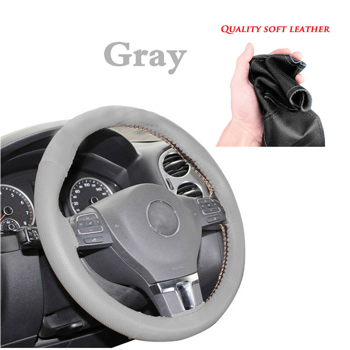 Gray DIY Steering Wheel Covers/ Soft Real Leather braid on the steering-wheel