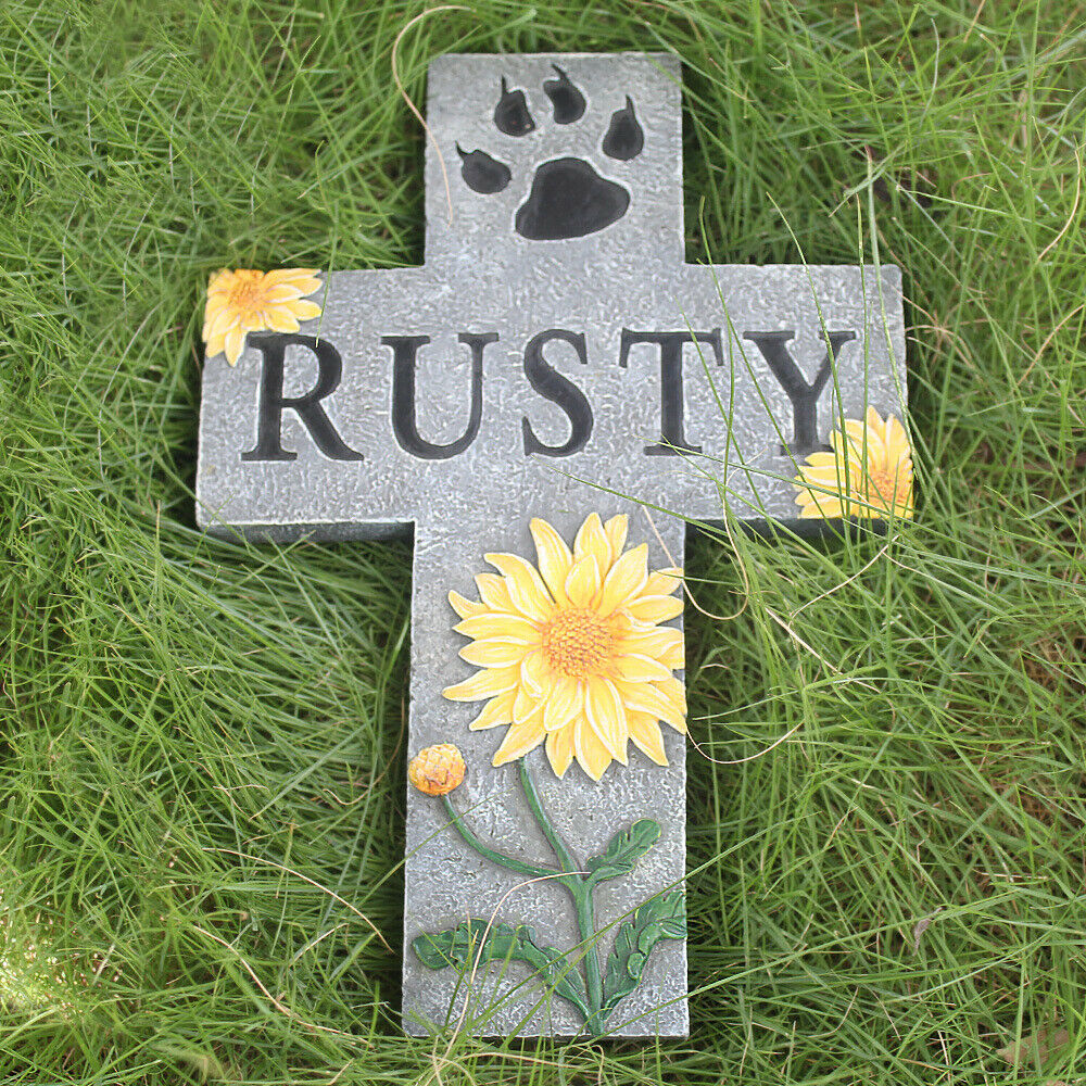 Pet Memorial Stone Cross Ornaments Dog Paw Print Gravestone Tombstone Outdoor