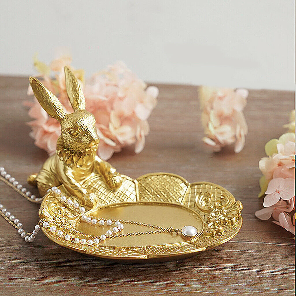 Golden Jewelry Display Tray Rabbit Statue Earring Bracelet Organizer Storage