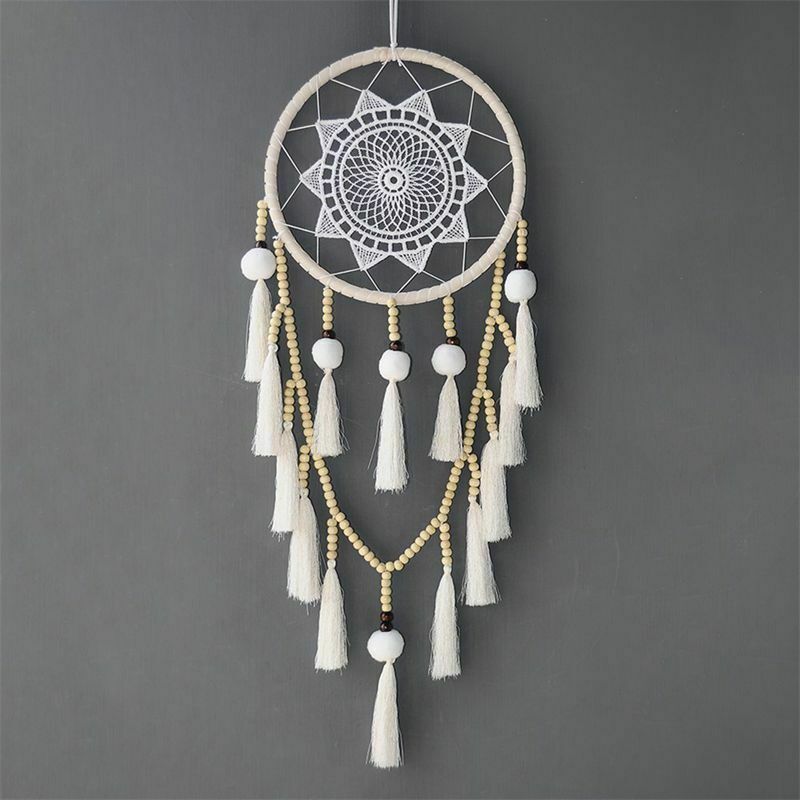 Macrame Wall Hanging Dream Catcher Large Natural Hairball (Beads with tassel) V8
