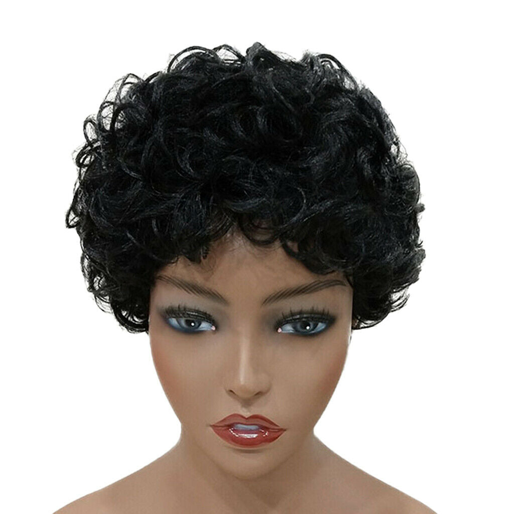 Natural Looking Real Human Hair Women Afro Curly Wig Short Finger Wave Curling