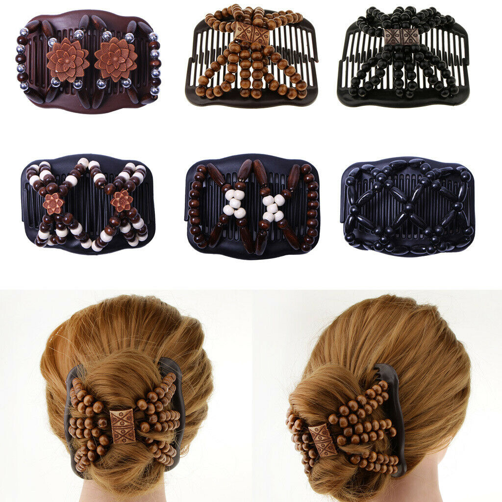 6pcs Double Side Wooden Bead Hair Slide Comb Clip Elastic Hair Accessories
