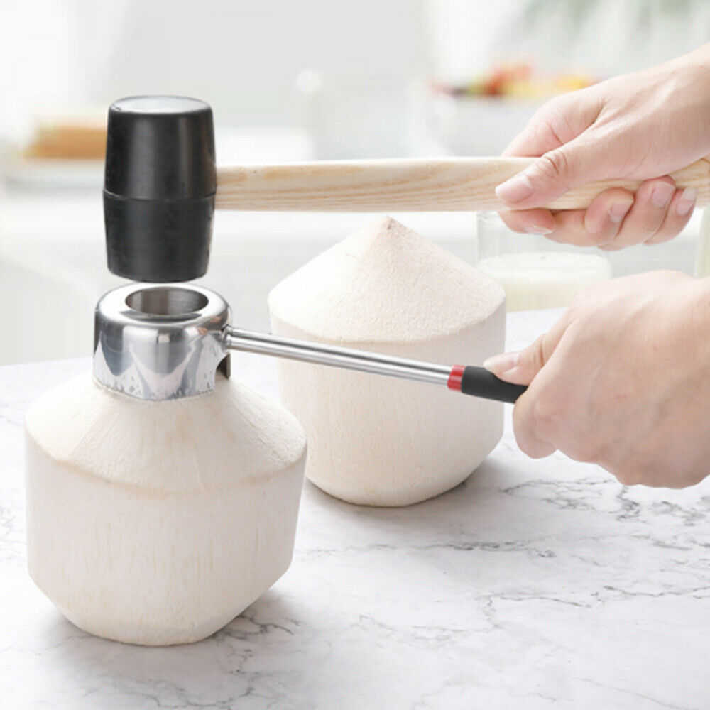 2Pcs/Set Stainless Steel Coconut Shell Opener Puncher Rubber Hammer Kitchen Tool