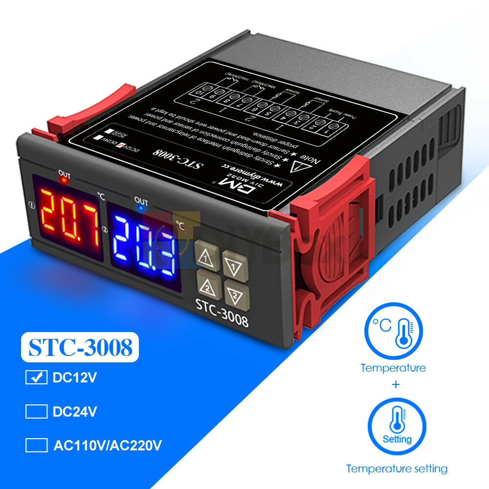 STC-3008 Thermostat Dual LED & Probe Temperature Controller AC 12V
