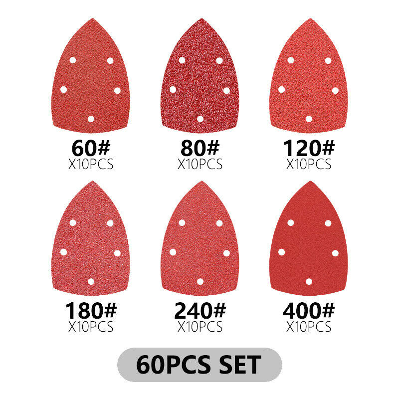 60 Pcs Triangular 5Hole Selfadhesive Sandpaper Hook and Loop Sander Abrasive Too