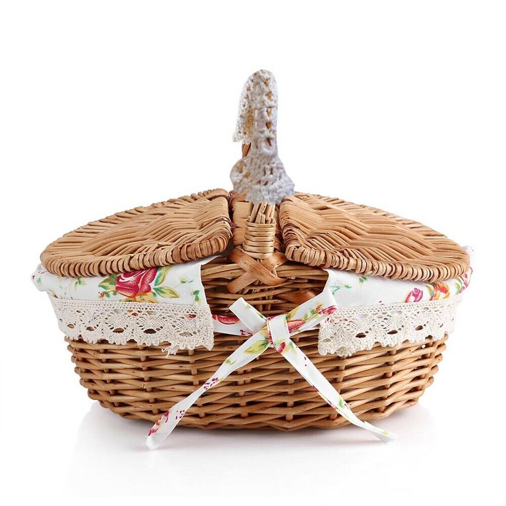 Wicker Linen Picnic Basket Food Storage Hamper Wooden Handle Camping Handmade