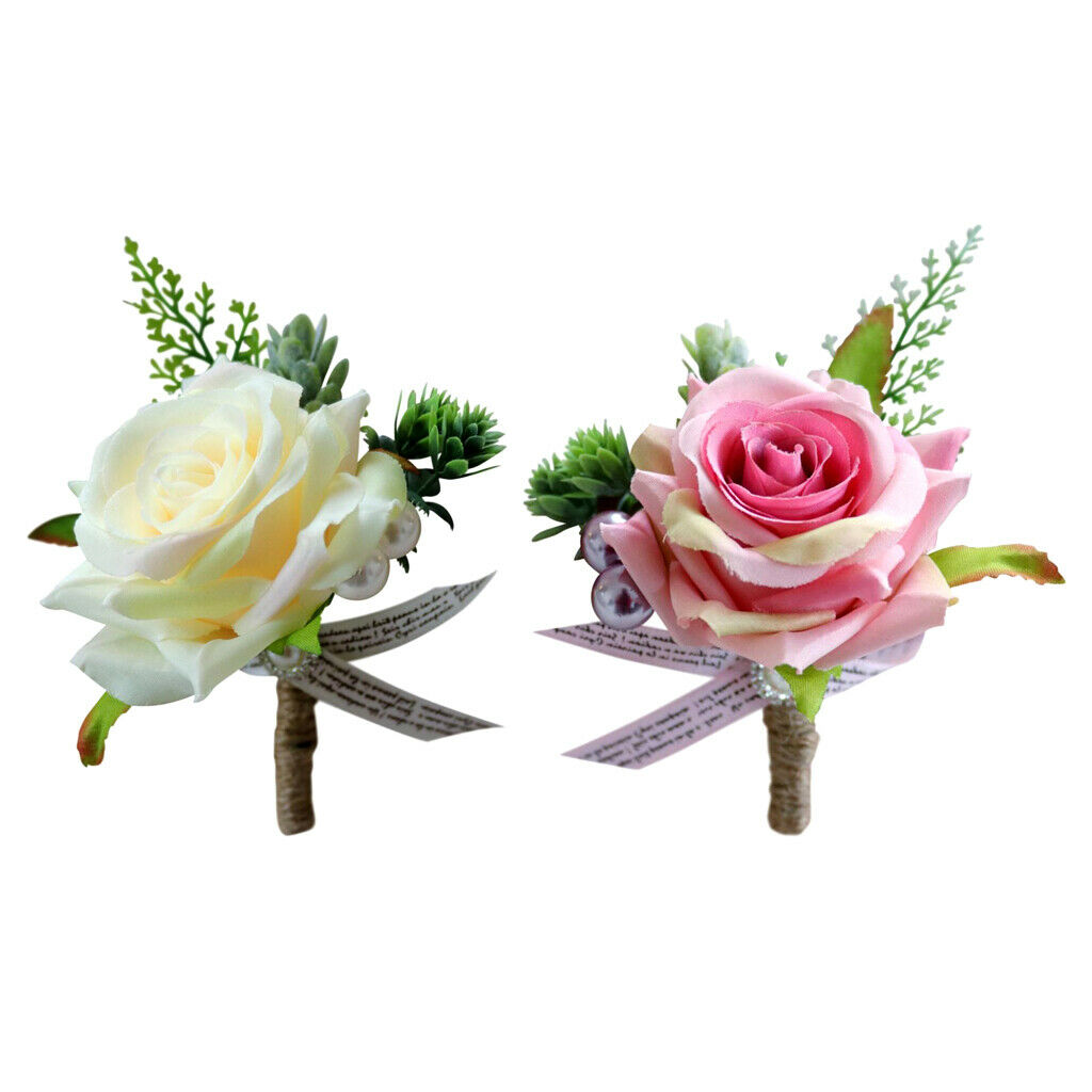 2pcs Rose Boutonniere Buttonhole Corsage Wedding Flowers Groom Bridal