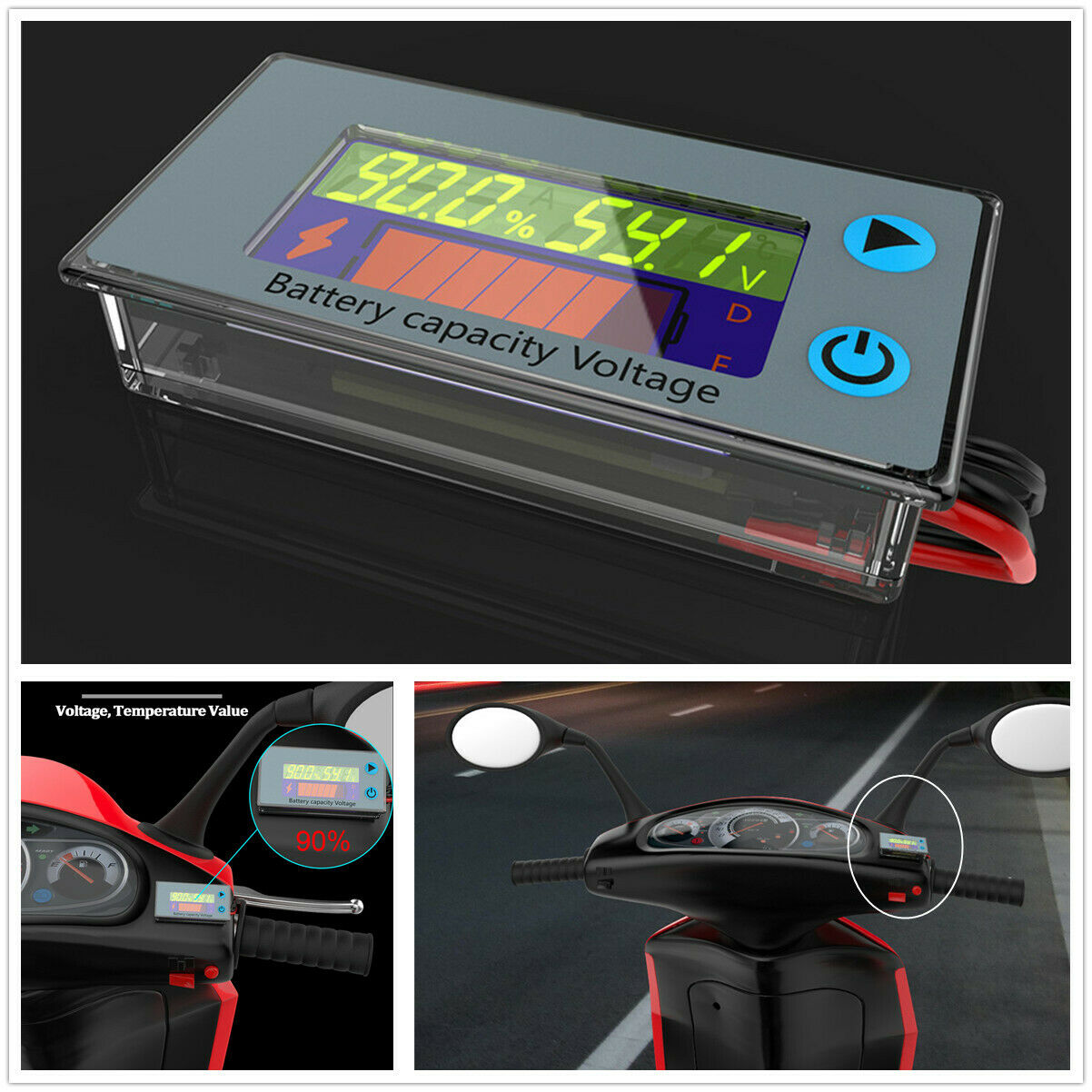 Motorcycle LCD Intelligent Voltmeter Thermometer Electricity Display Meter Gauge