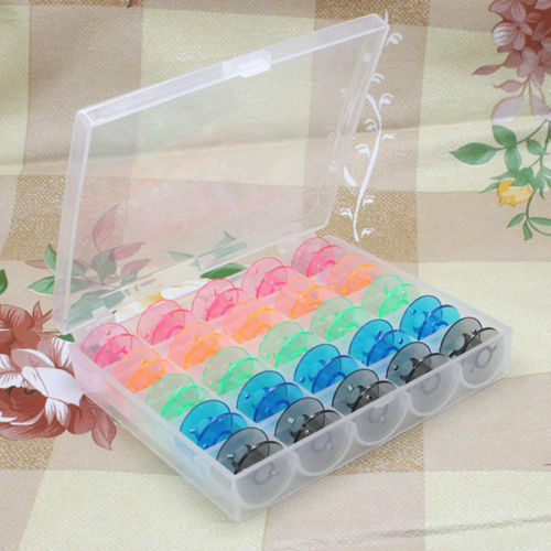 25 Empty Bobbins Sewing Machine Spools With Plastic Case Storage Box Supplies