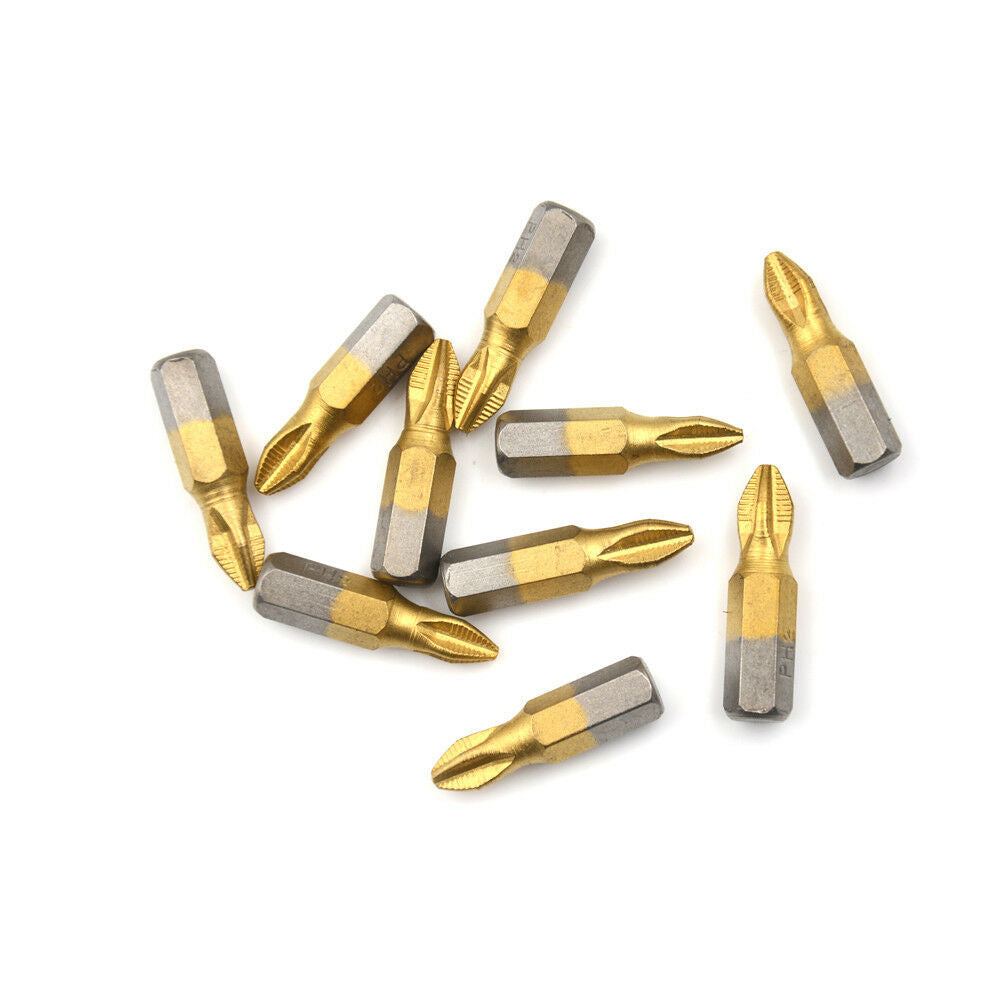 10Pcs/set 1/4" Titanium Coated Anti Slip Hex Shank PH2 Screwdriver Bit 25mDD