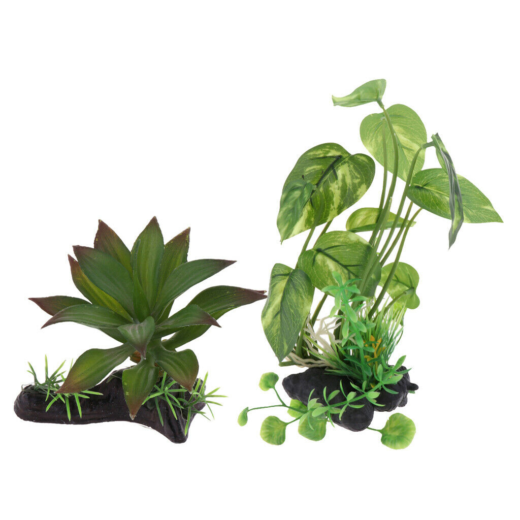 2Pcs Artificial Fish Tank Vivarium Ornaments Reptile Habitat Plants Green
