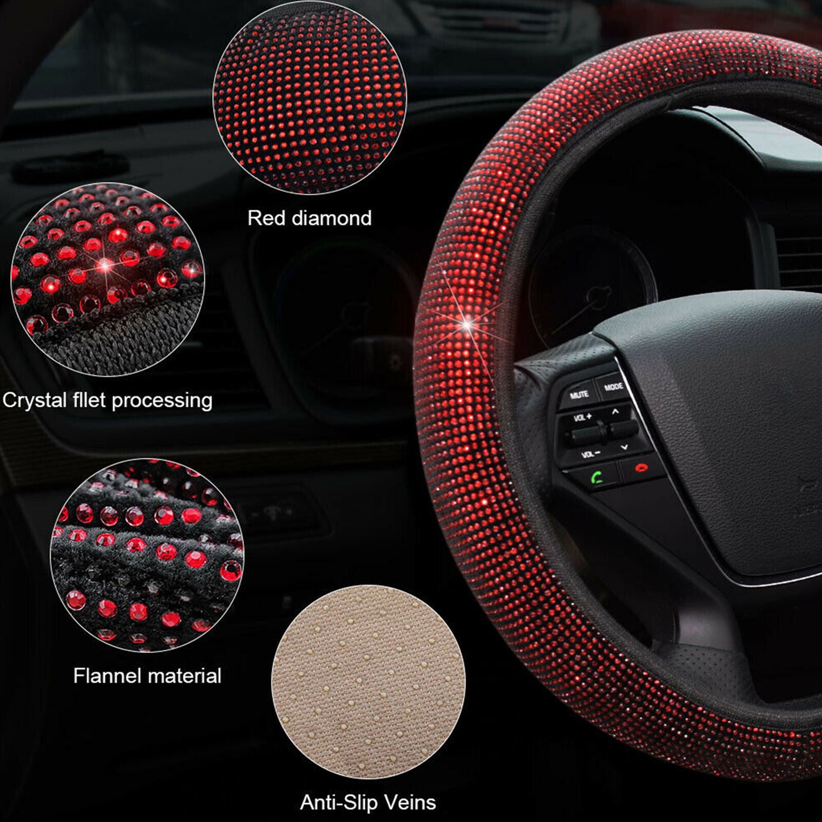 Red 15''/37-38cm Car Diamond Steering Wheel Cover Bling Shining Rainbow Women