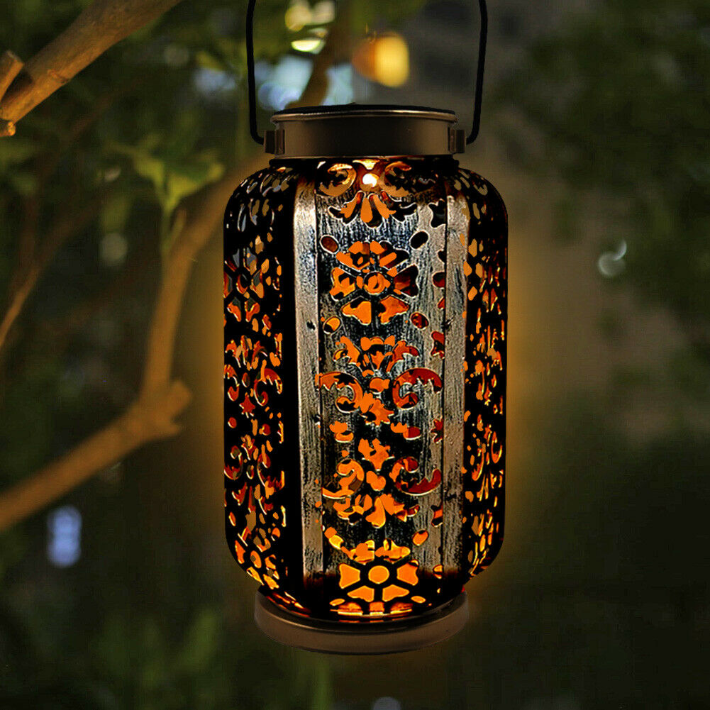 LED Solar Lamps Metallic Hollow Lantern Hanging Light Outdoor Garden Decor @