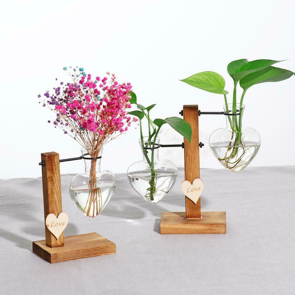 Glass Terrariumin Heart Shaped Test Tube Vase in Wooden Stand Planter for