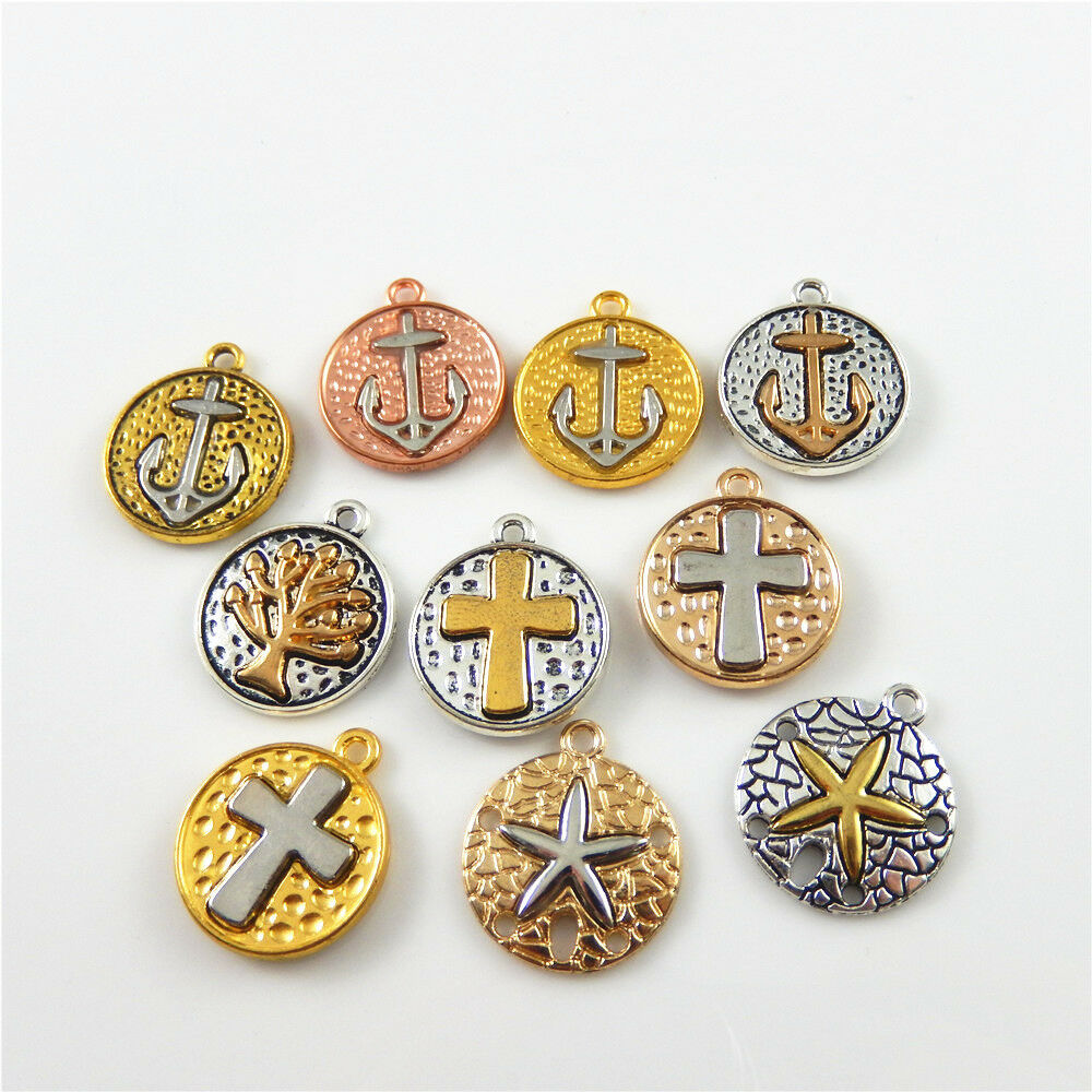 20 Assorted Cross Starfish Pendant Alloy Round Nautical Charm Jewelry Craft 19mm