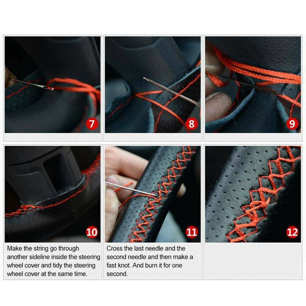 Genunie Leather Auto Car Steering Wheel DIY Cover With Needles Thread Decor